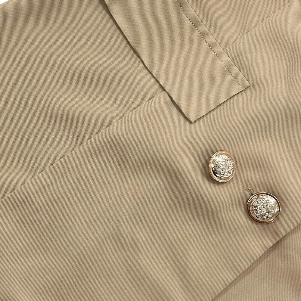 Khaki Elegant Women's Casual Cinched Waist Sleeve Detail Long Sleeve Blazer - Picture 3 of 6